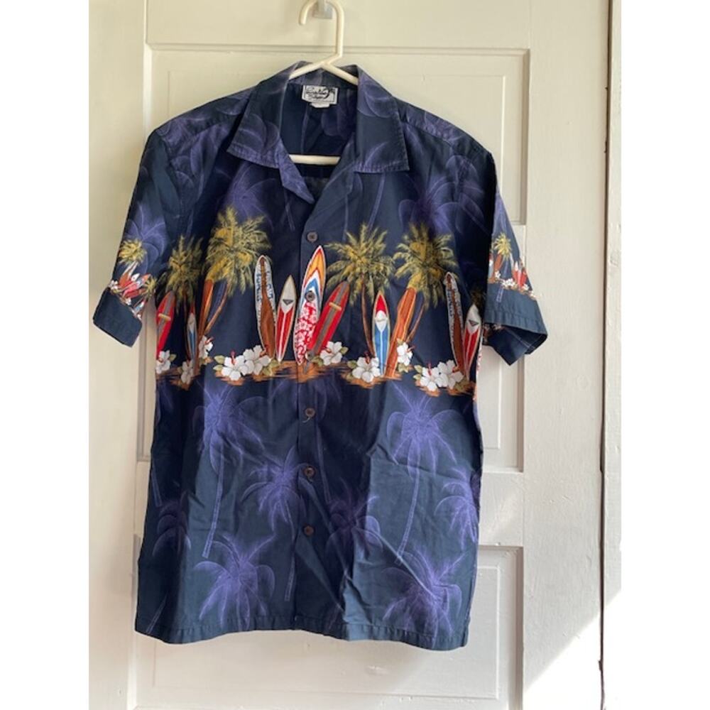 Vintage-Inspired Navy Surfboard & Palm Short-Sleeve Button-Down Shirt